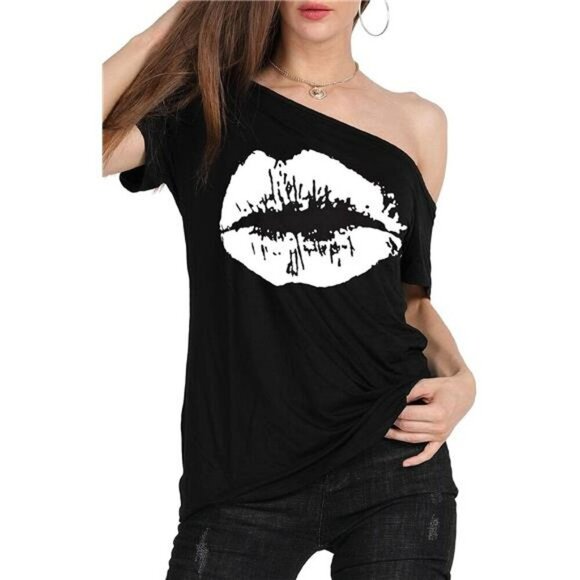 Plus Size Off Shoulder Lips Print Top Casual Short Sleeve Graphic T Shirt - Picture 5 of 8